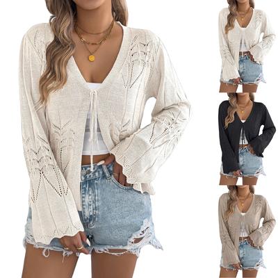 Women's Casual Color Openwork Lace,up Flared Sleeve Knitted Cardigan Top