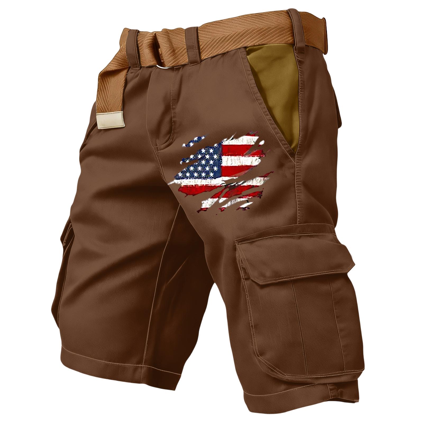 

Mens Cargo Shorts with Flag Print Multi Pocket Design Casual Relaxed Fit Knee Length Shorts with Belt Included XL винний