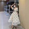 Lined Square Neck Floral Puff Sleeve Dress for Pear-Shaped Women - Long, French Style
