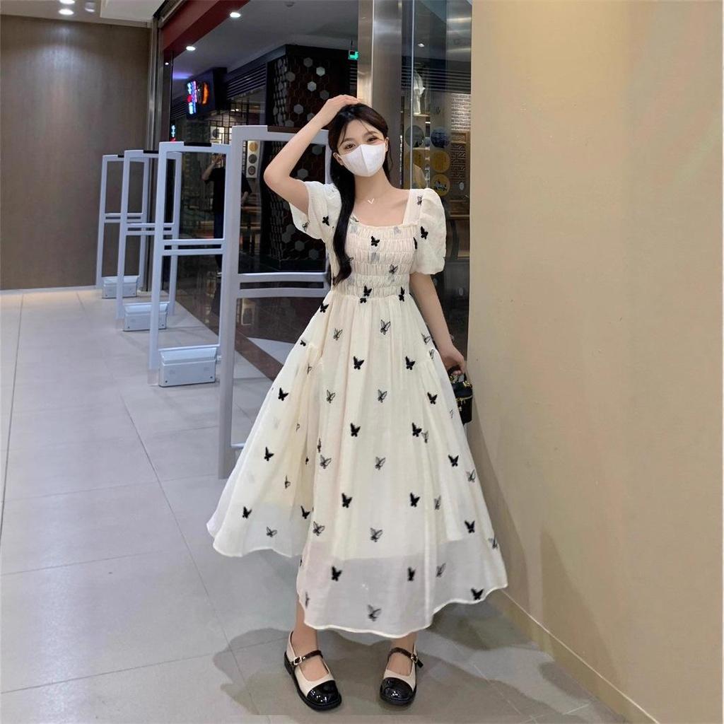 Lined Square Neck Floral Puff Sleeve Dress for Pear-Shaped Women - Long, French Style