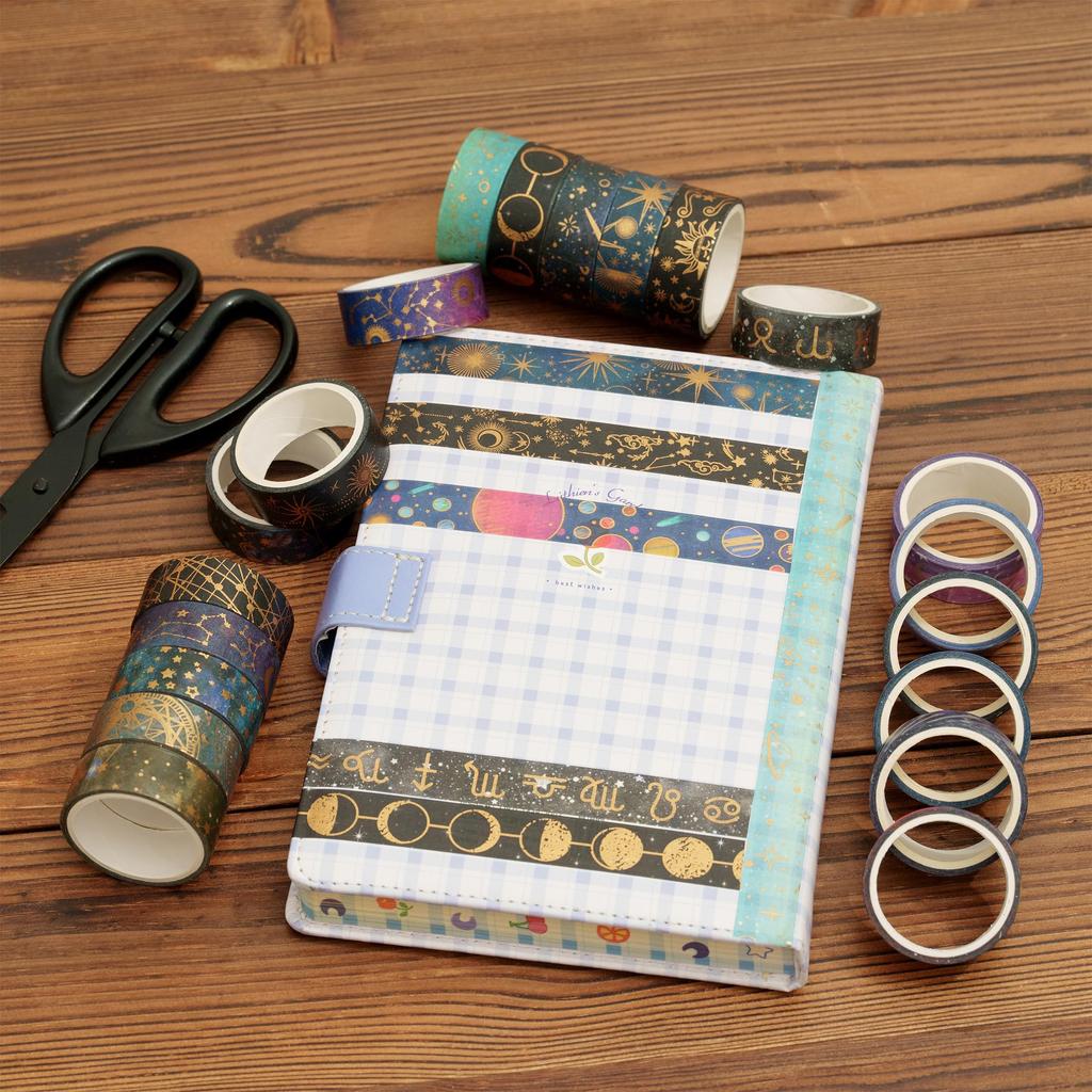YUBBAEX Masking Tape Moon and Planet Designs Washi Paper Tape with Gold Foil Floral Decoration Tape for DIY Bullet Wrapping 20-Roll Set Space-themed
