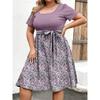 Women's Fashionable And Trendy Round Neck Short Sleeved Waist Print Dress In Plus Size