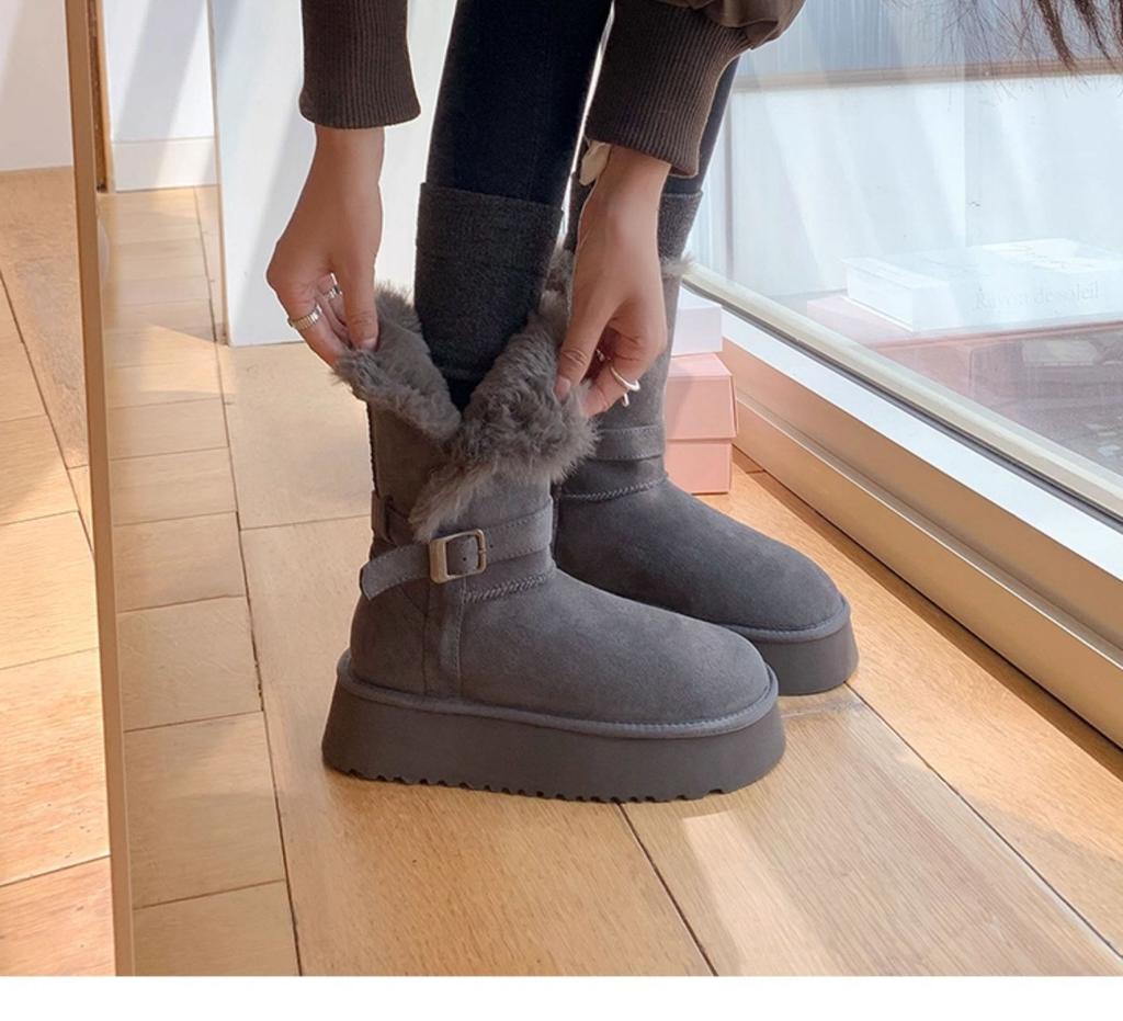Gray Snow Boots Women's Winter Velvet Thickened Fur Integrated Thick Sole Heightening Long and Short Boots Snow Cotton Shoes