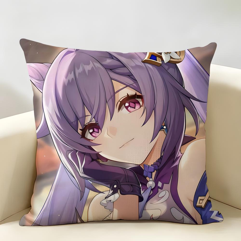Keqing Genshin Impact Cushion Cover Natural Linen Organic Fabric DoubleSided Printing Room Sofa Decor Pillow Case