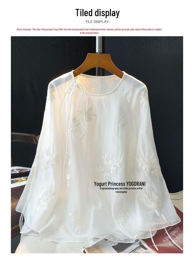Women's White Embroidered Chinese-Style Round Neck Shirt - 2022 Autumn Casual Fashion Top