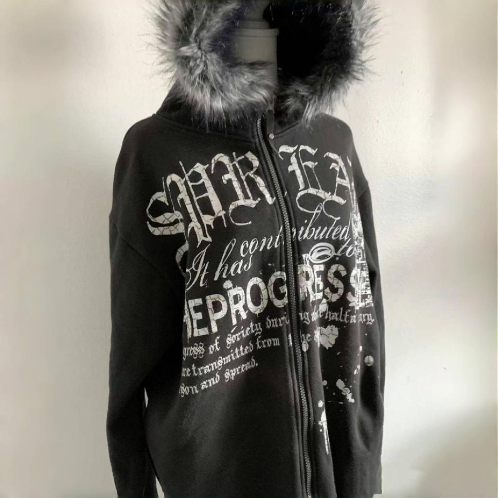 Gotyckie kurtki Harajuku Y2k Amerykańskie vintage Czarne bluzy ze sztucznego futra Kobiety Z nadrukiem liter