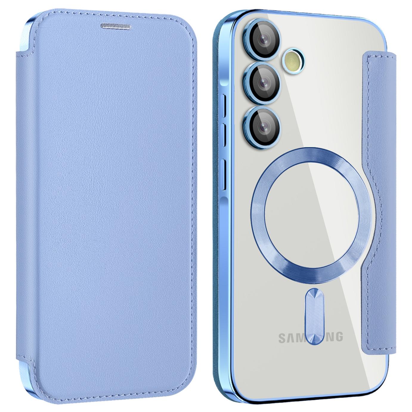 

Для Samsung Galaxy A35 5G чехол гальванопокрытие RFID блокировка слотов для карт магнитный чехол для телефона Blue