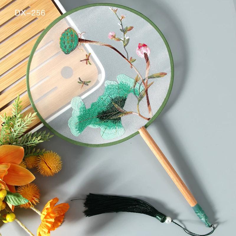Antique Embroidery Circular Fan Chinese Style Cheongsam Fan Women's Double-Sided Embroidered Transparent round Long Handle Ancient Chinese Clothing