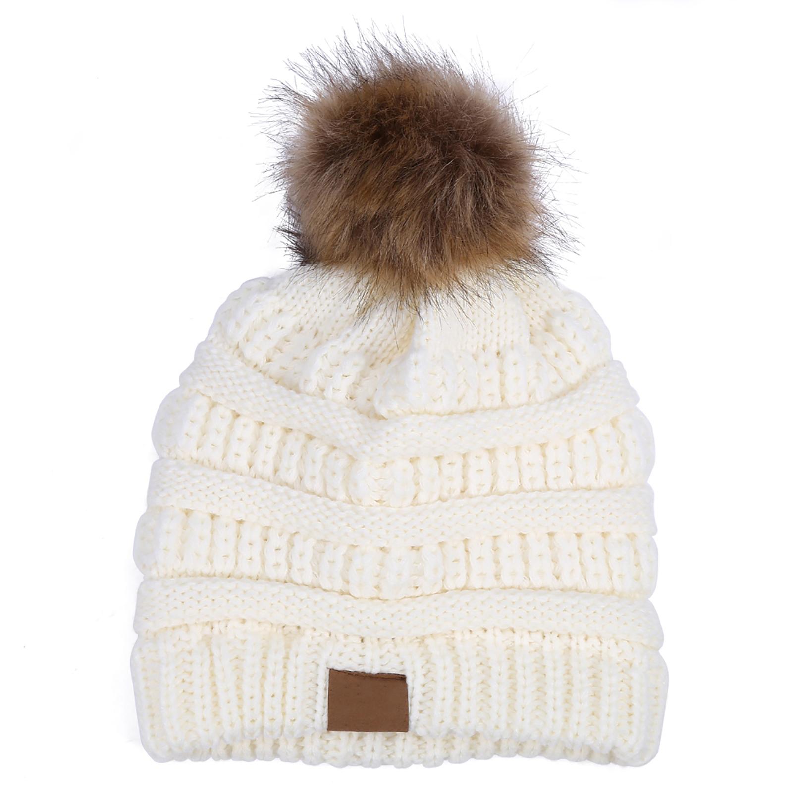 

6 цветов модная вязаная зимняя шапка с помпоном из искусственного енота для сохранения тепла White