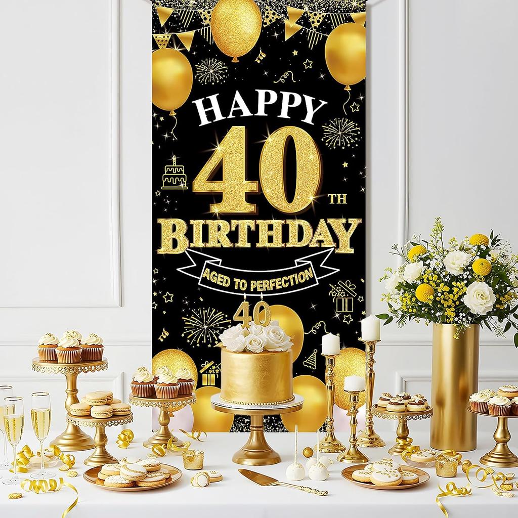 Happy 40th Birthday Decorations for Men & Women, Black Gold 40th Birthday Banner Backdrop, 40 Years Old Party Decor, Fabric Photo Props Yard Sign