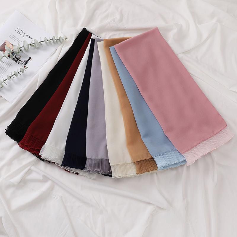 Fashion Muslim Modal Hijab Chiffon Shawls for Women Plain Soft Hijab Scarf Big Lace Trim Headscarf Islamic Turban Headband