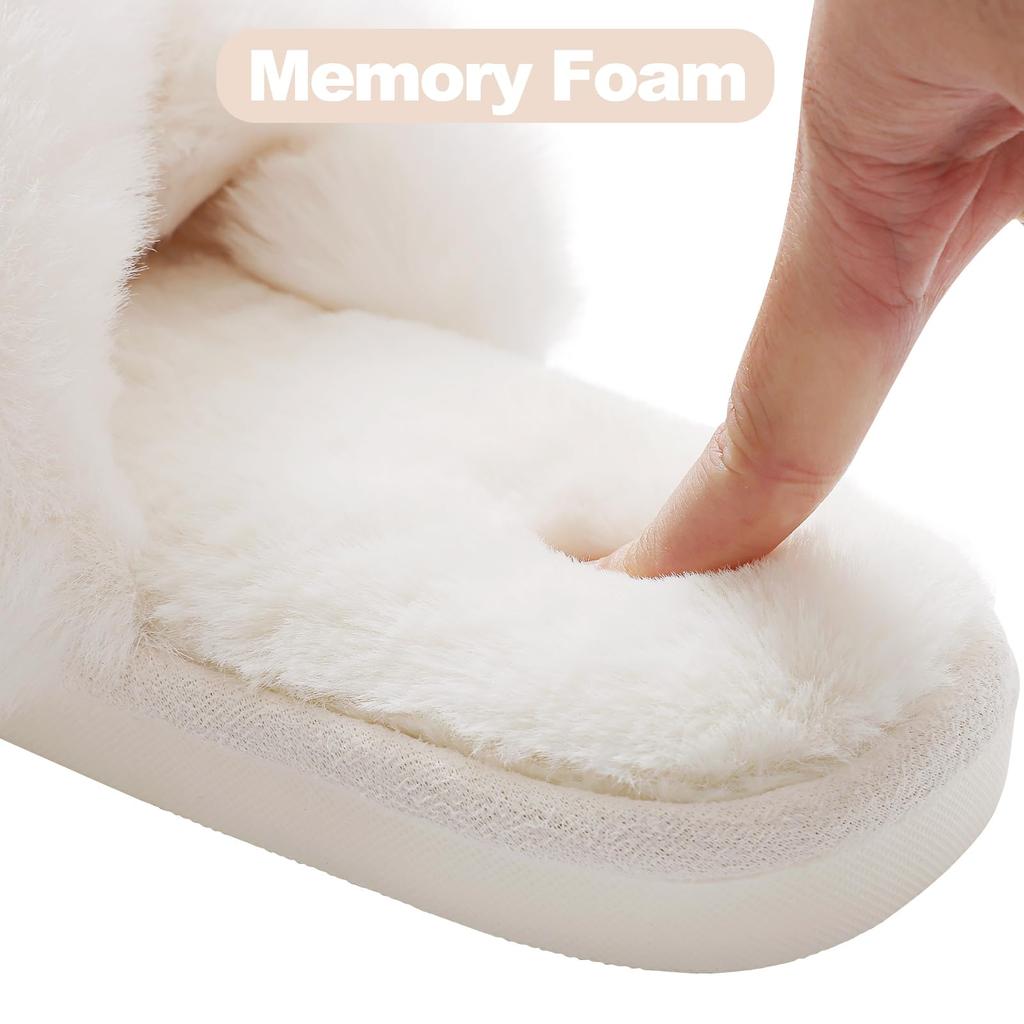 Fashion Kidmi Women's Fuzzy Slippers Cross Band Memory Foam House Slippers Open Toe Flat Slippers Casual Indoor Soft Slippers Female