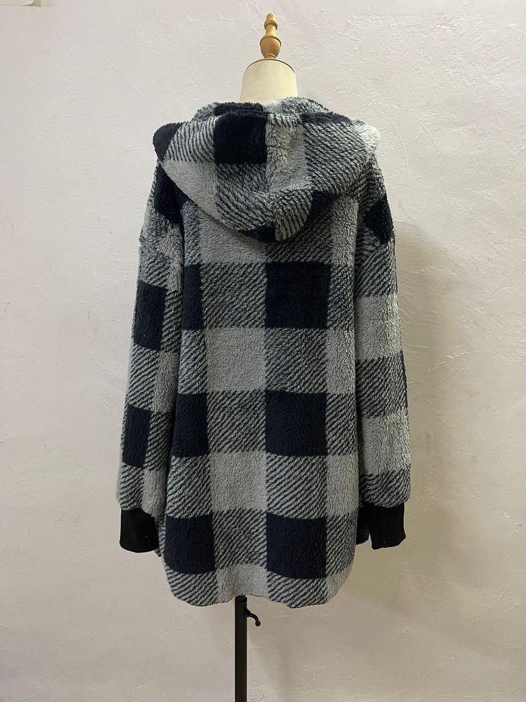 Women's Autumn/Winter Hooded Plaid Plush Cardigan Jacket