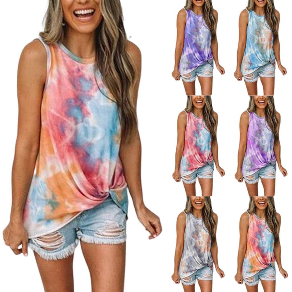 Women Tie Dyed Printed Twisted Hem Crew Neck Sleeveless Tank Top