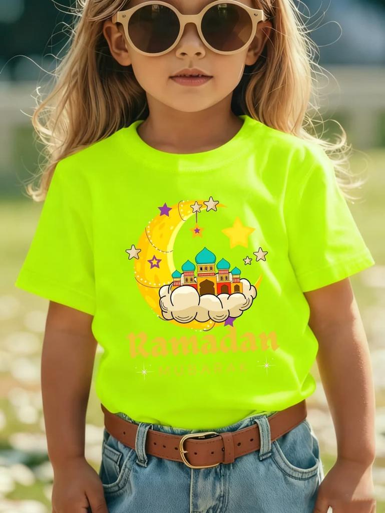Moon Star Ramadan Print Girl Clothes Eid Mubarak Kid T-Shirt Islamic Muslim Outfit Short Sleeve Tops Holiday Children's Clothing