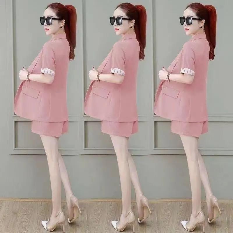 Sommeranzug für Damen, Temperament, Pendler, kurzärmeliges Oberteil + einfarbiges Design, Persönlichkeits-Shorts-Anzug