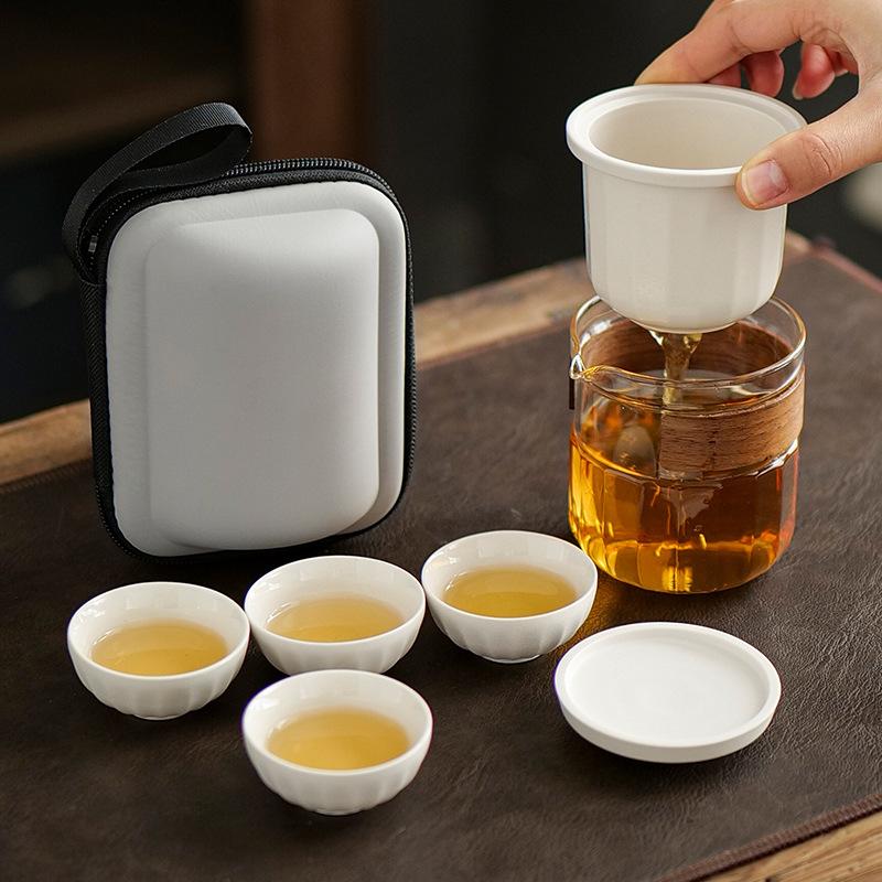 Reise-Teegeschirr aus Glas tragbares kleines Set Reise-Ein-Kännchen Vier Tassen Camping Express-Tasse tragbar Outdoor-Tee