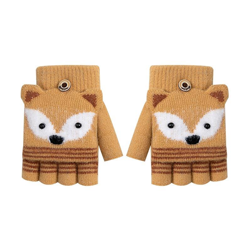 Wool winter warm flip cold cartoon cute little fox knitted primary school students writing children half-finger gloves