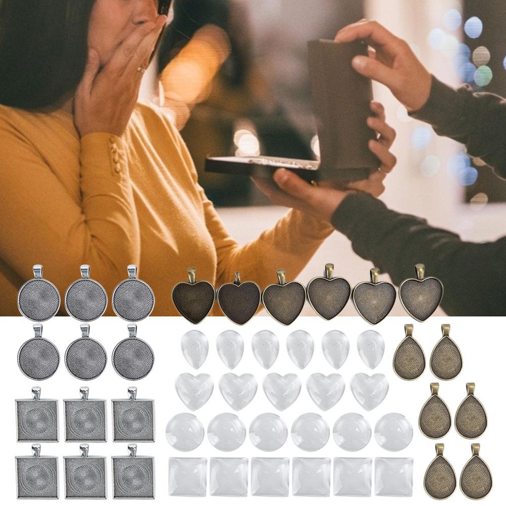 48pcs Metal Round DropShaped Pendant Base Tray Glass Domes Jewelry DIY Tool Accessory
