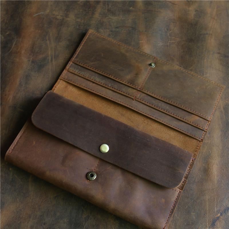 Men's and Women's Long Wallet, Wallet Clip Layer, Cowhide, Crazy Horse Leather Buckle