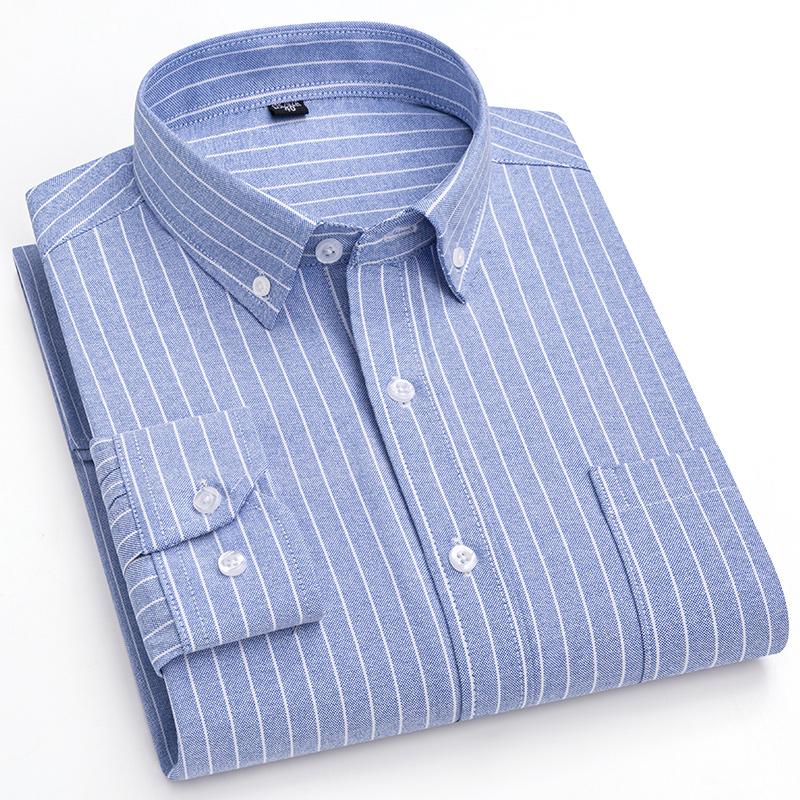 2026 Men Oxford Fashion 100% Cotton  Long Sleeve Casual Slim Solid Color Plaid Print Stripe Formal Dress Shirt Plus Size
