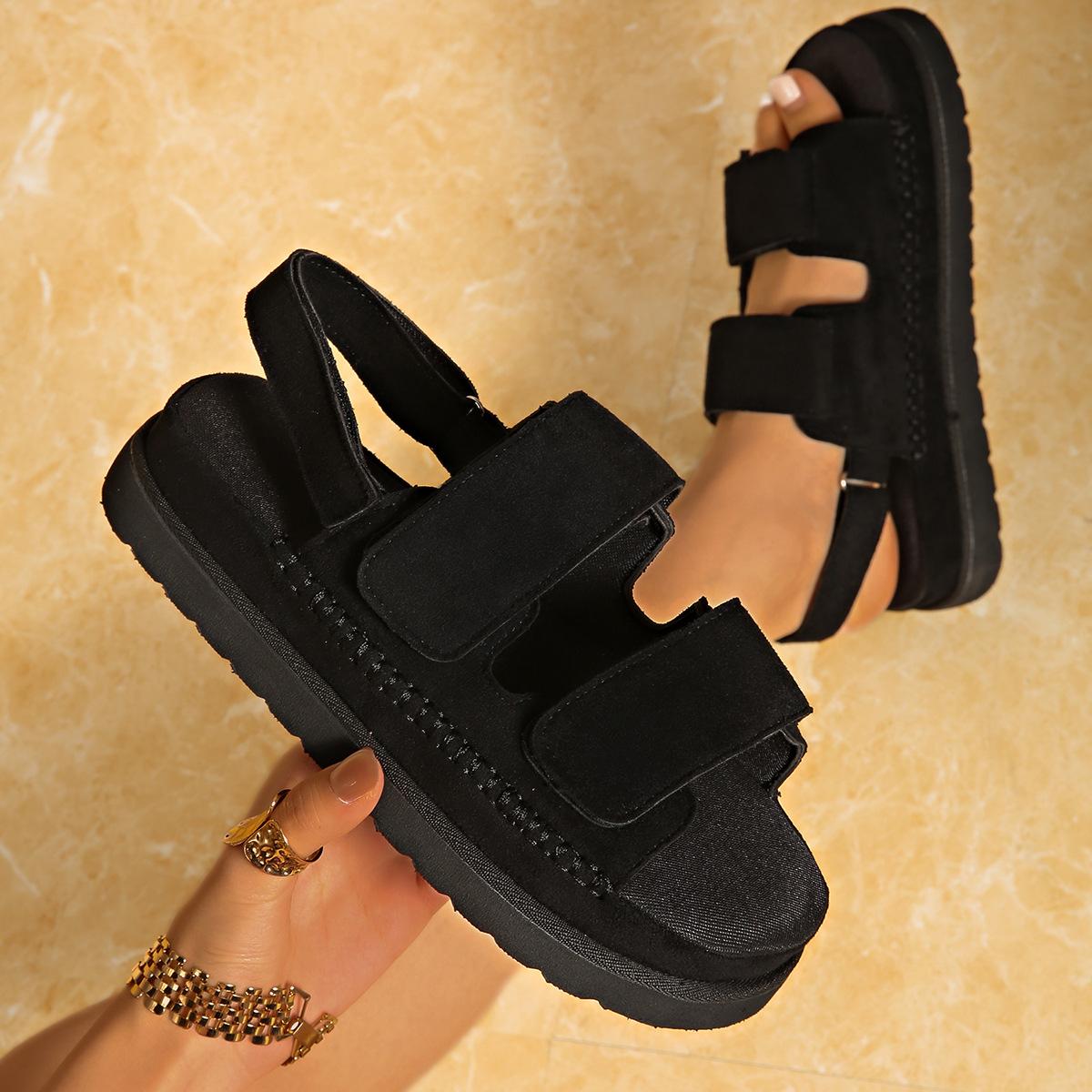 

Лето 2025 года, новые большие размеры, сандалии на липучке, женские повседневные замшевые пляжные сандалии с открытым носком 35 чёрный
