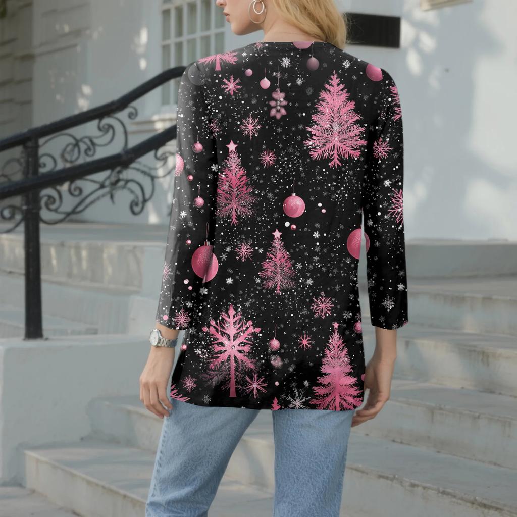 Women's Casual Fashion Sexy Comfortable Christmas Print V-Neck Button Three-quarter Sleeve Top