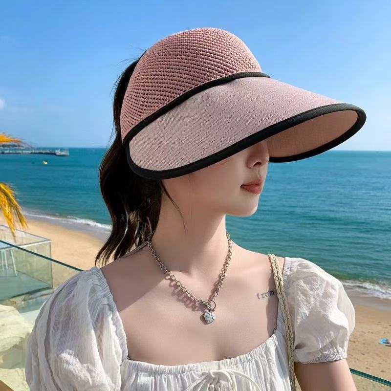 Proteção Solar de Verão, Chapéu de Sol, Chapéu de Sol com Topo Aberto, Tricotado, Exterior, Chapéu de Sol Costurado, Portátil, Enrolável, Aba Larga, Chapéu de Sol
