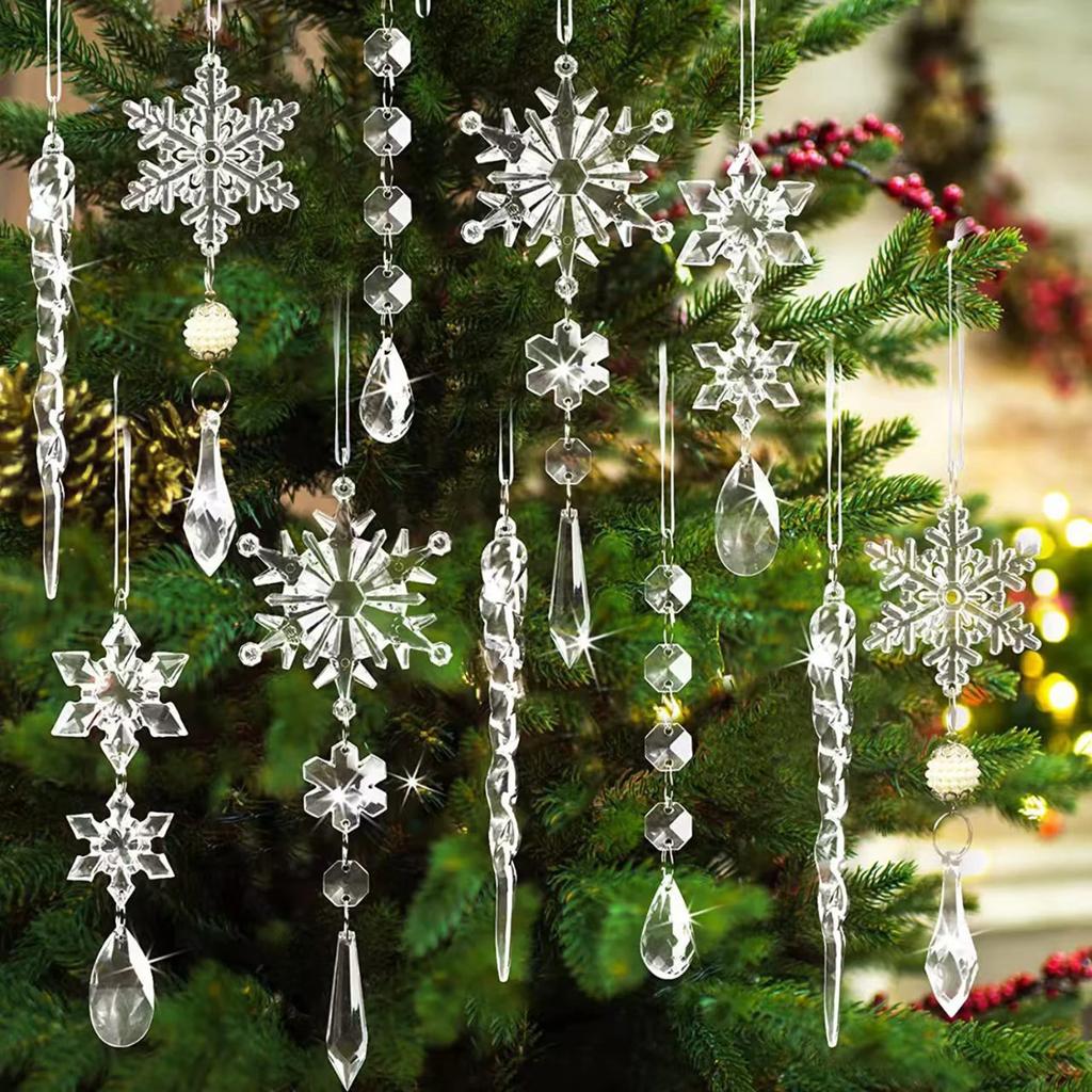 10 Pcs Christmas Tree Pendants with Strings Xmas Baubles Snowflake Icicles Hanging Ornaments for Christmas Party Wedding