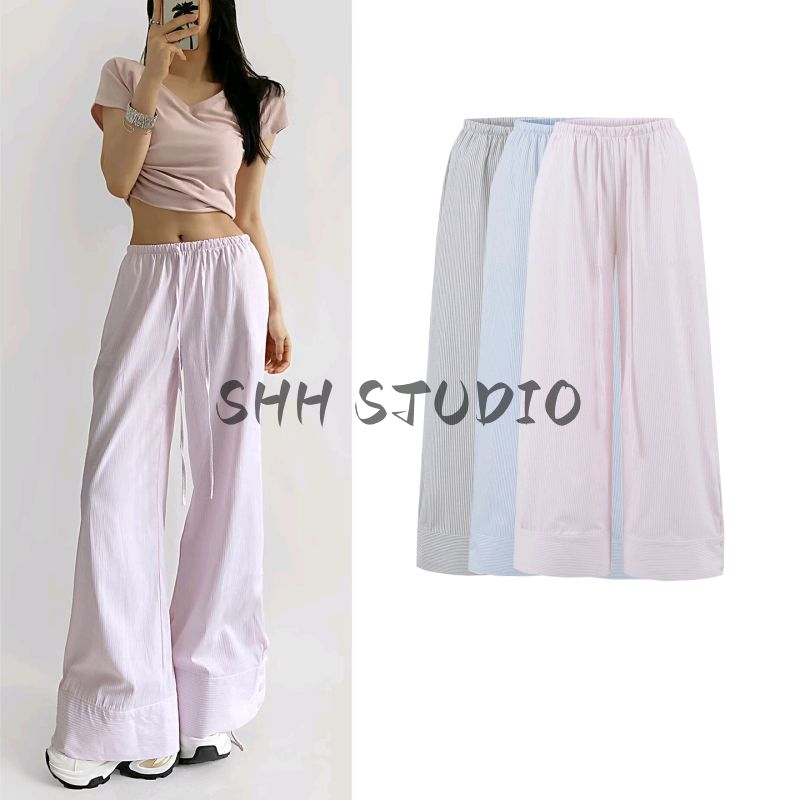 Summer New Product Women's Clothes American Casual Style High Waist Drawstring Decoration Draping Effect Stripes Straight-leg Long Wide-Leg Pants