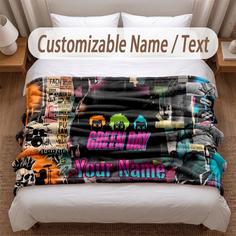 Green Day Printed Flannel Blanket Custom Name Text Soft Warm Throw For Bedroom Holiday Gift