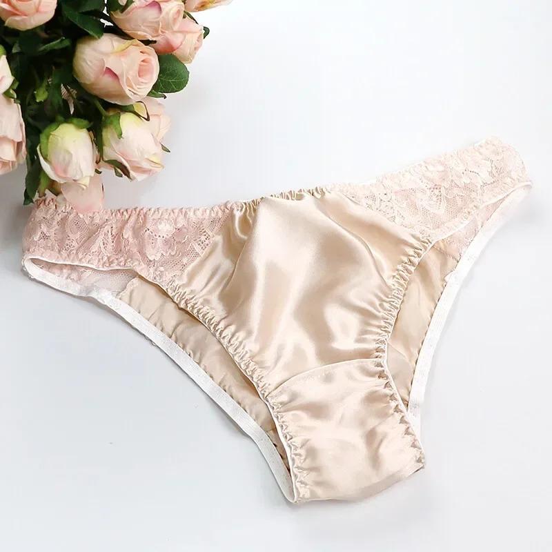 100% Mulberry Silk Sexy Silk Lace Underwear Breathable Low Waist Comfortable Antibacterial Briefs Lingerie Femme  Panties