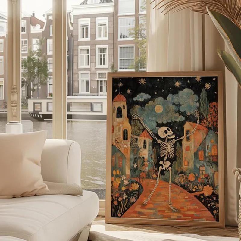 Halloween Skeleton Frameless Cavans Poster Vintage Skeleton Poster Spooky Wall Art Print Halloween Painting Trendy Gallery Print