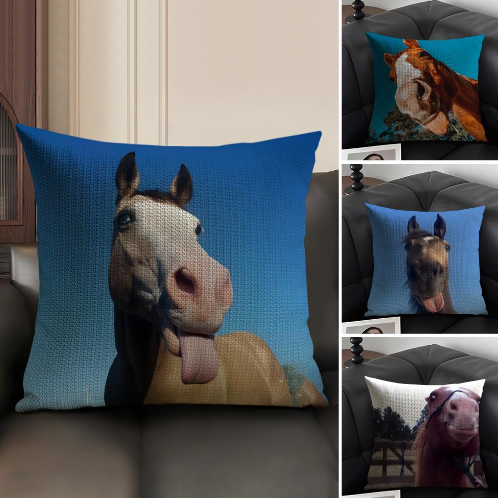 Funny Expressions Horse Cushion Cover Natural Linen Organic Fabric Double-Sided Printing Sofa Home Decor Gift Pillow Case