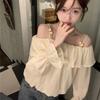 Off-the-shoulder Shirring Women's Shirt Strap with Round Beads Ruffle Edge Lantern Sleeve Blouse Spring New version Sweet Woman Top