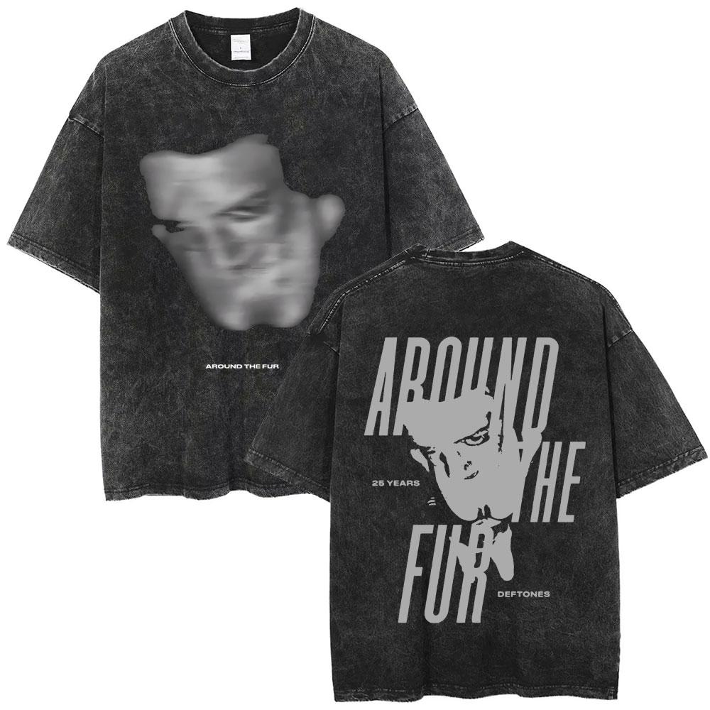 Washed Vintage Rock Band Deftones Cat Graphic Tshirts Men Alternative Heavy Metal Short Sleeve T Shirts Male Retro Streetwear