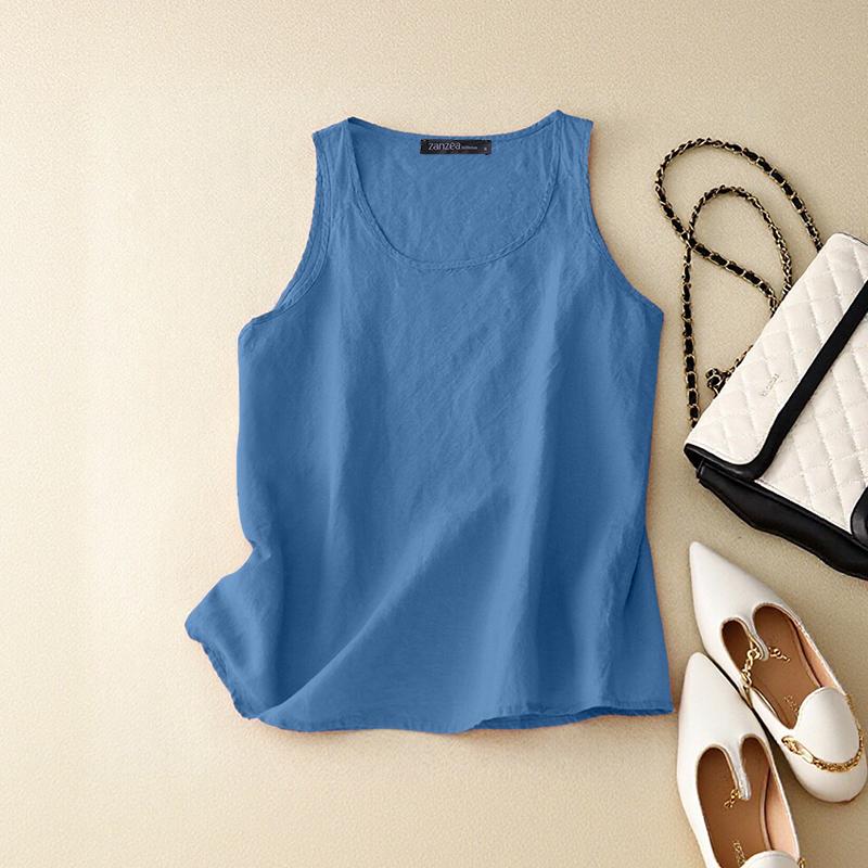ZANZEA Women Casual Round Neck Solid Color Sleeveless Cotton Vest Tank Tops