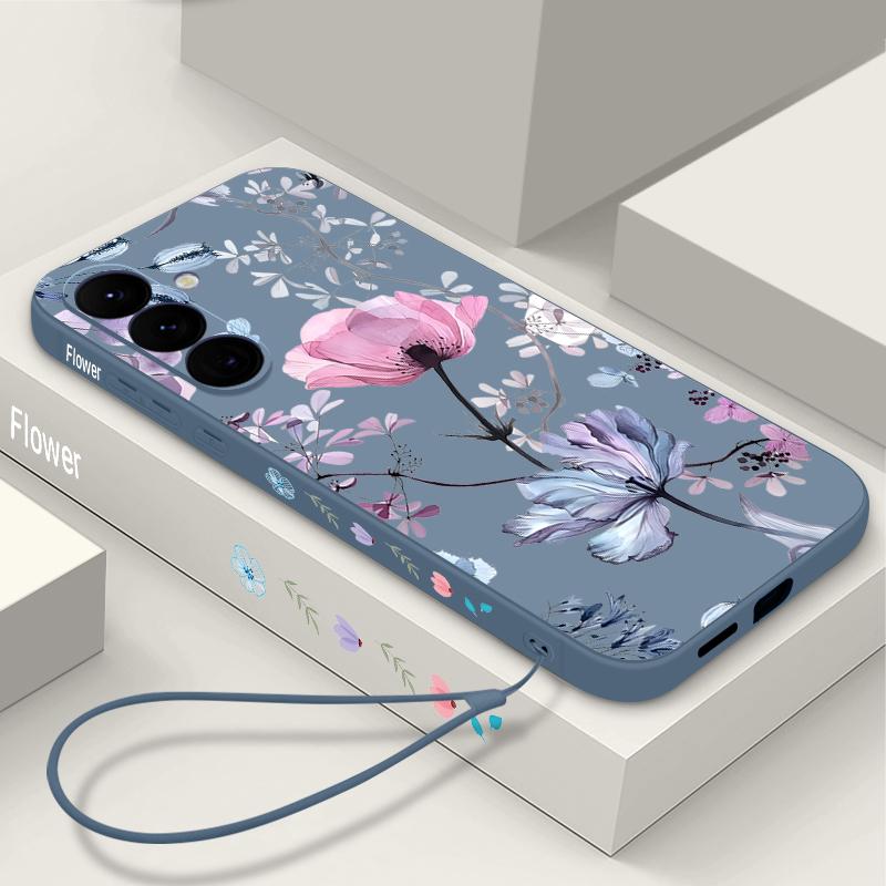 Pink Flower Pattern Lanyard Phone Case For Samsung Galaxy A57 A17 A56 A16 A55 A15 A36 5G S25 FE S26 S24 S23 S22 Ultra Soft Cover