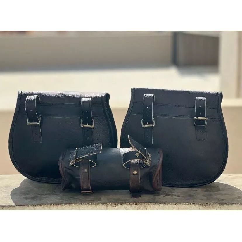 Black Leather Motorcycle Saddle Bag 3 Side Panniers Luggage Saddlebags Tool Bags
