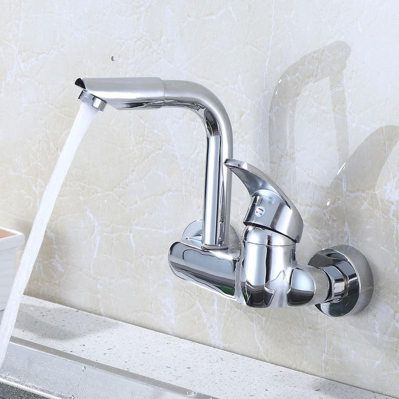 Wandmontierte Küchenarmatur Messing Chrom Zwei-Loch Heiß Kaltwasser Mischbatterie Schwenkbarer Auslauf Wischbeckenhahn
