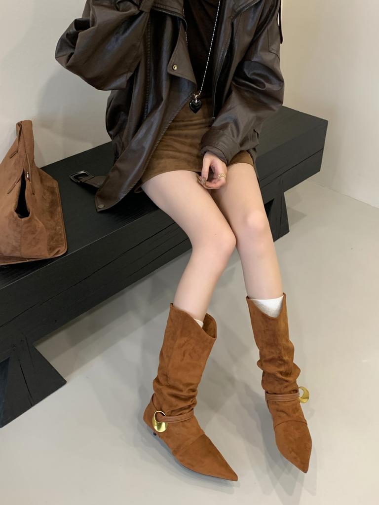 2025 niche pointed western boots folded stacking boots autumn and winter new fashion temperament thin high heel medium boots