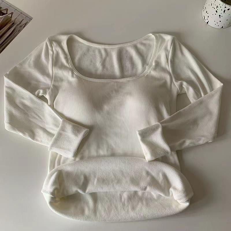 Korean Version with Chest Pad Winter Long Sleeve Woolen Warm and Fleece Thickened Square Collar Collarbone with Bottom Coat Long Sleeve Top
