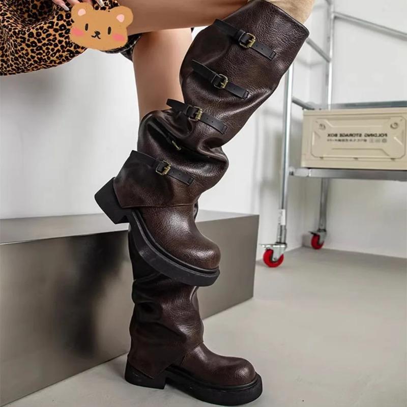 Fashion Brand New Buckle Strap Wasteland Vintage Brown Y2k Knee High Motorcycle Boots Maillard Style Black Trouser Leg Boots Women Shoes