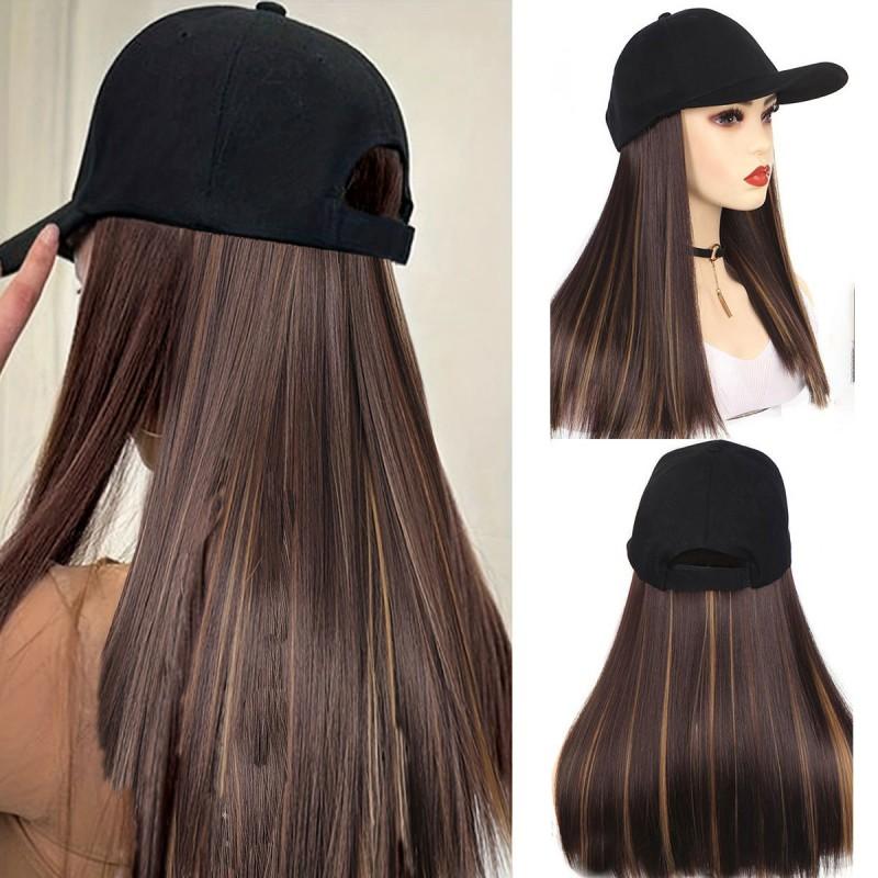 Black Hat Wig Women Long Straight Hair All-in-one Fashion Full Head Cover