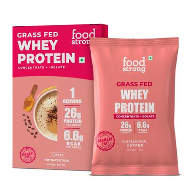 Foodstrong Whey Protein Powder (Concentrate + Isolate), 100% Hormone Free Grass-Fed Whey, 26G Protein & 6.6G BCAA, Coffee, With Turmeric & Diges