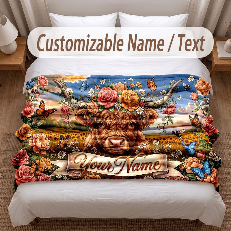 Highland Cow Theme Soft Blanket Personalized Custom Name Text Print Warm Blanket Home Sofa Bedroom Decor
