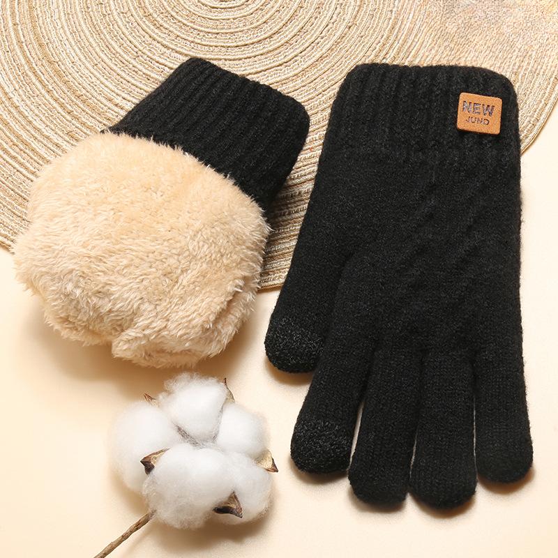 Knitted Gloves for Women In Winter Double Layer Plus Velvet Thickened Cold and Warm Cycling Outdoor Touch Screen Gloves