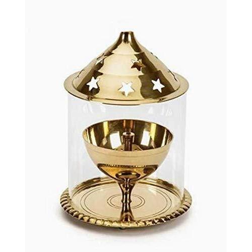 Indian Traditional Brass Glass Akhand Diya Color Golden For Puja 1195