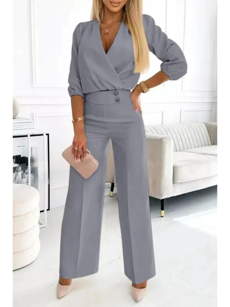 2025 Women's Solid Color V-neck Two-Button 2-Piece Pants Set