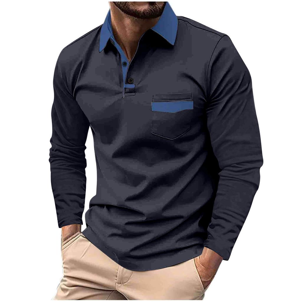 Stylish Long Sleeve Polo Shirt with Contrast Trim, Casual Daily Essential